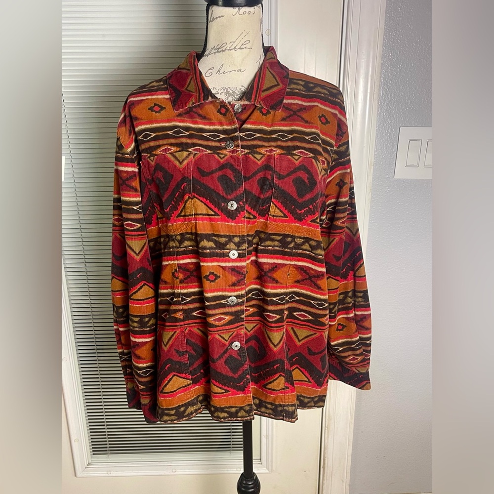 Chico’s Vtg 90’s Southwest Aztec Western Corduroy Button Up Shacket Shirt Sz M